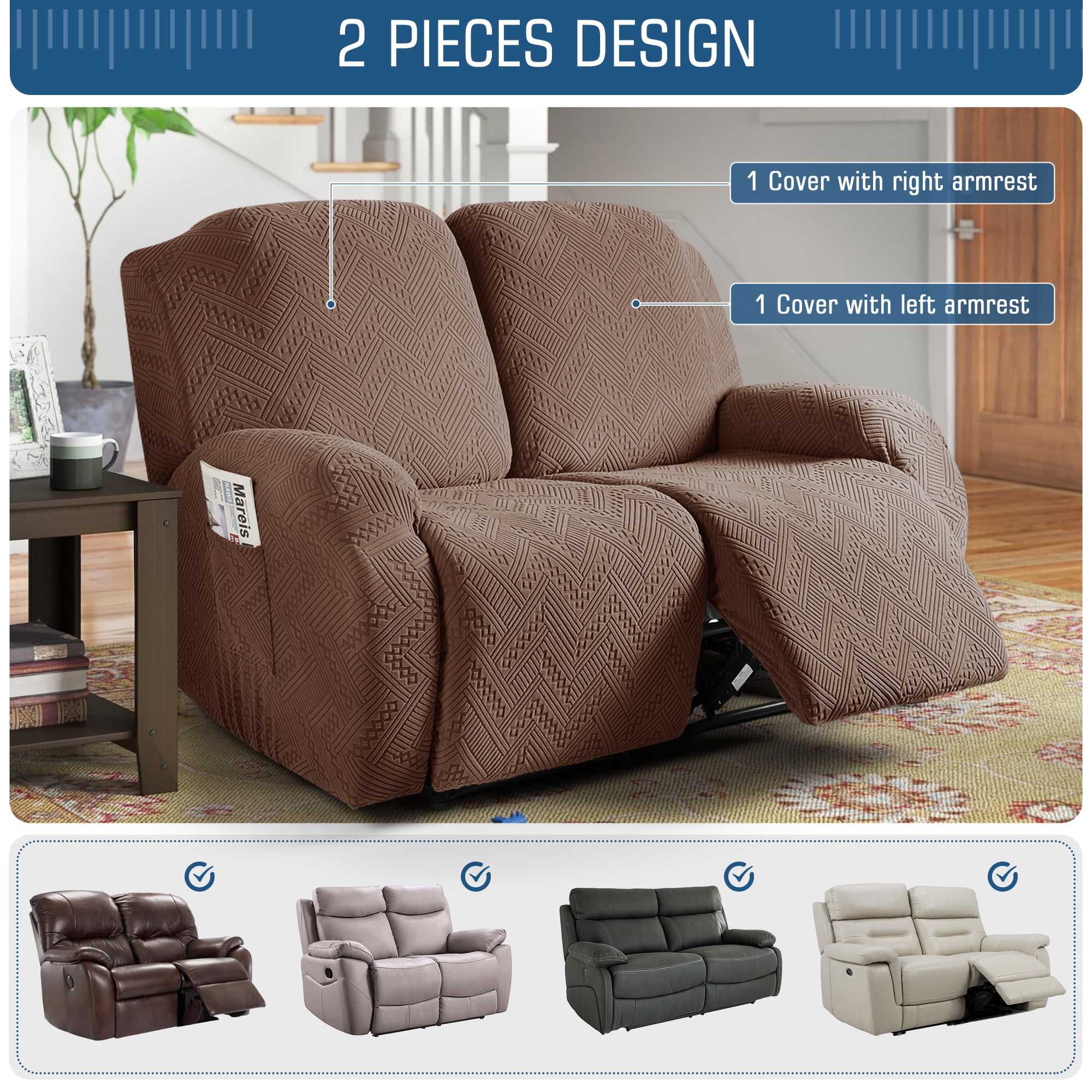 TAOCOCO Recliner Sofa Covers Stretch Reclining Couch Covers 3 Piece Separate Sofa Slipcover with Pockets, Brown