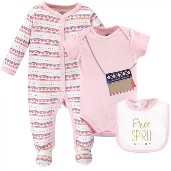 Little Treasure Baby Girl Sleep and Play, Bodysuit and Bib, Free Spirit, 0-3 Months