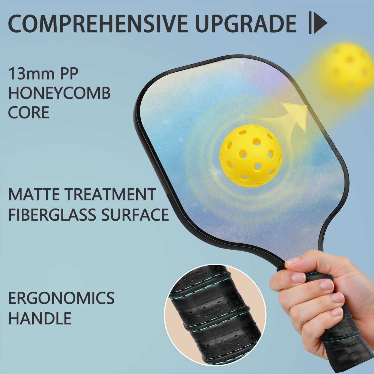 Pickleball Paddles Set Of 1, Fiberglass Surface, Dreamy Cloud Print, 1 Paddle, 2 Balls & Bag