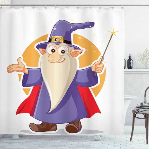 Magician Shower Curtain, Funny Halloween Cartoon Wizard with Long Beard, Fabric Bathroom Set with Hooks, 69W X 70L Inches, White Multicolor, by Ambesonne