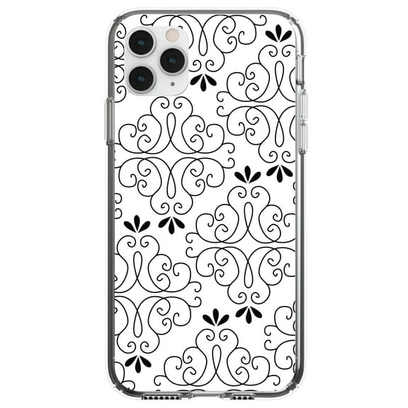 DistinctInk Clear Shockproof Hybrid Case for iPhone 11 (6.1" Screen) - TPU Bumper, Acrylic Back, Tempered Glass Screen Protector - Black White Floral Pattern