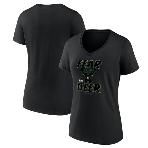 Women's Black Milwaukee Bucks Hometown Collection Fear The Deer V-Neck T-Shirt
