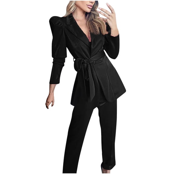 cfhntfmh Fashion Outfits Womens Velvet Business Work Suit Set Long Sleeve Belted Blazer with Long Suit Pants Basic Office Formal Suit Sets
