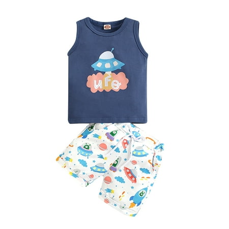 

Chollius Toddler Infant Boys Summer 2Pcs Outfits Blue Sleeveless Casual Vest Tank Tops UFO Rocket Print Shorts Vacation Beachwear