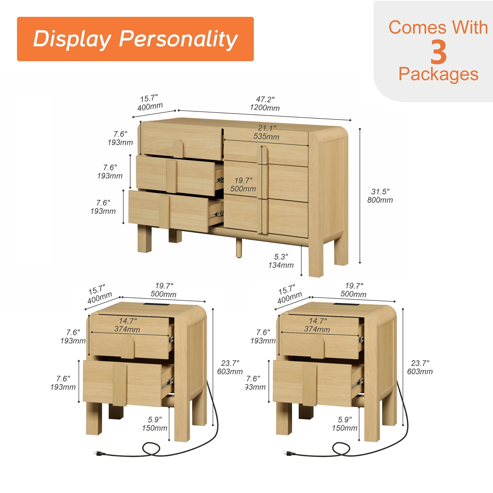 6 Drawer Dresser and Nightstand Sets for Bedroom, 3 Pcs Bedroom Set，Night Stand Set of 2, Double Dresser with Curved Profile Design, Wood Chest of Drawers Mid Century Storage Cabinet Set