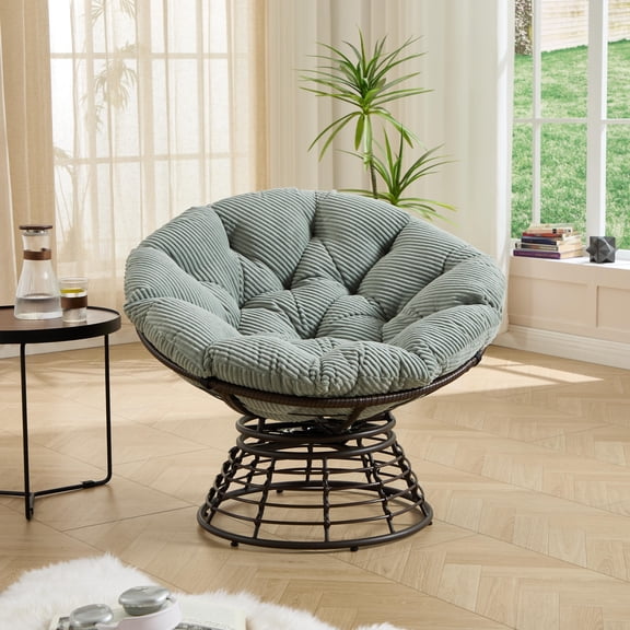 36'' Swivel Papasan Chair with Cushion, Outdoor Indoor Rattan Reading Chair, 360° Round Lounge Chair with PE Wicker Frame, Cozy Bowl Accent Chair for Patio Porch Garden Deck Poolside