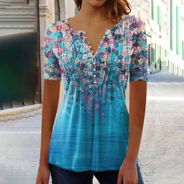 ICHUANYI Clearance Women Fashion Casual Print Round Neck Loose Short Sleeve T-shirt Top Blouse Pullover(Blue, L) ICHUANYI WER2023081009671