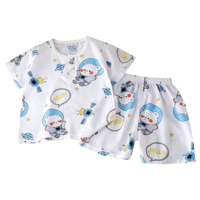 Ulanda Ensemble de Pyjama 2 Pcs Pjs Coton Tenue de Nuit d'Été Manches Courtes Haut avec Bas (Bleu, 3-4 Ans)