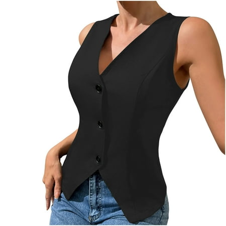 UAMVSH Womens Sleeveless Vests Trendy Cropped Button down Casual Slim Fit Cardigan Solid Color Dressy Waistcoats Fall Fashion(Small Black)