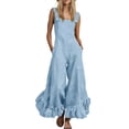 thumbnail image 3 of Square Neck Ruffle Hem Jumpsuit for Women - Flowy Wide Leg Boho Overall, Sleeveless Casual Vacation Romper with Pockets Light Blue XXL, 3 of 7