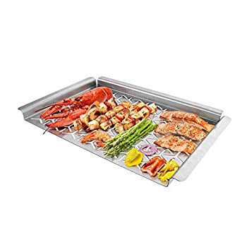 UNICOOK BBQ Grill Topper, Warp-Free Stainless Steel Grilling Pan, Heavy Duty Grill Basket, Perfect Cooking Tray for Delicate Items Like Vegetable Seafood and Fruit, Rectangular