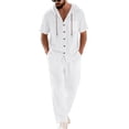 thumbnail image 2 of Men's 2 Piece Hooded Short Sleeve Shirt And Long Pants Set, Linen Textured Casual Outfit With Chest Pocket, Breathable Summer Beach Wear For Vacation And Loungewear,White,M, 2 of 6