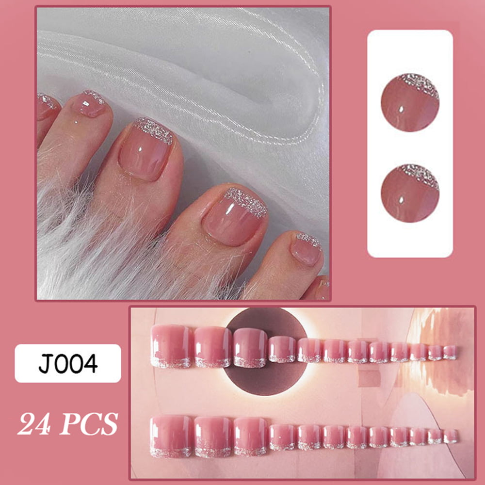 Transparent Pink Fake Toe Nails French-Style Artificial Toe Nails With  Silver Shimmering Powder Women Summer False Toe Nails 24Pcs Full Cover Fake Toe  Nails 