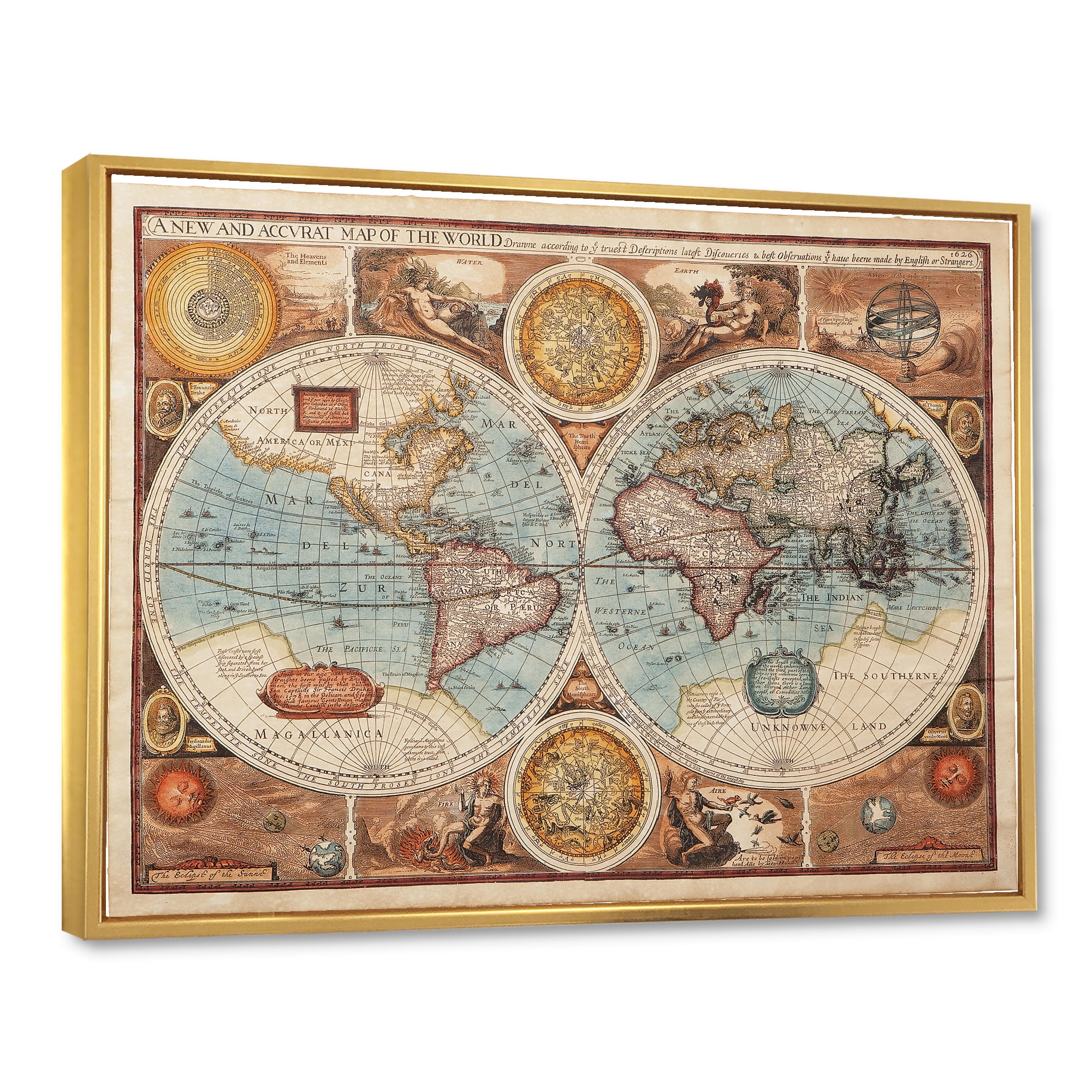 Designart 'Vintage Map of The World VIII' Vintage Framed Canvas Wall Art Print