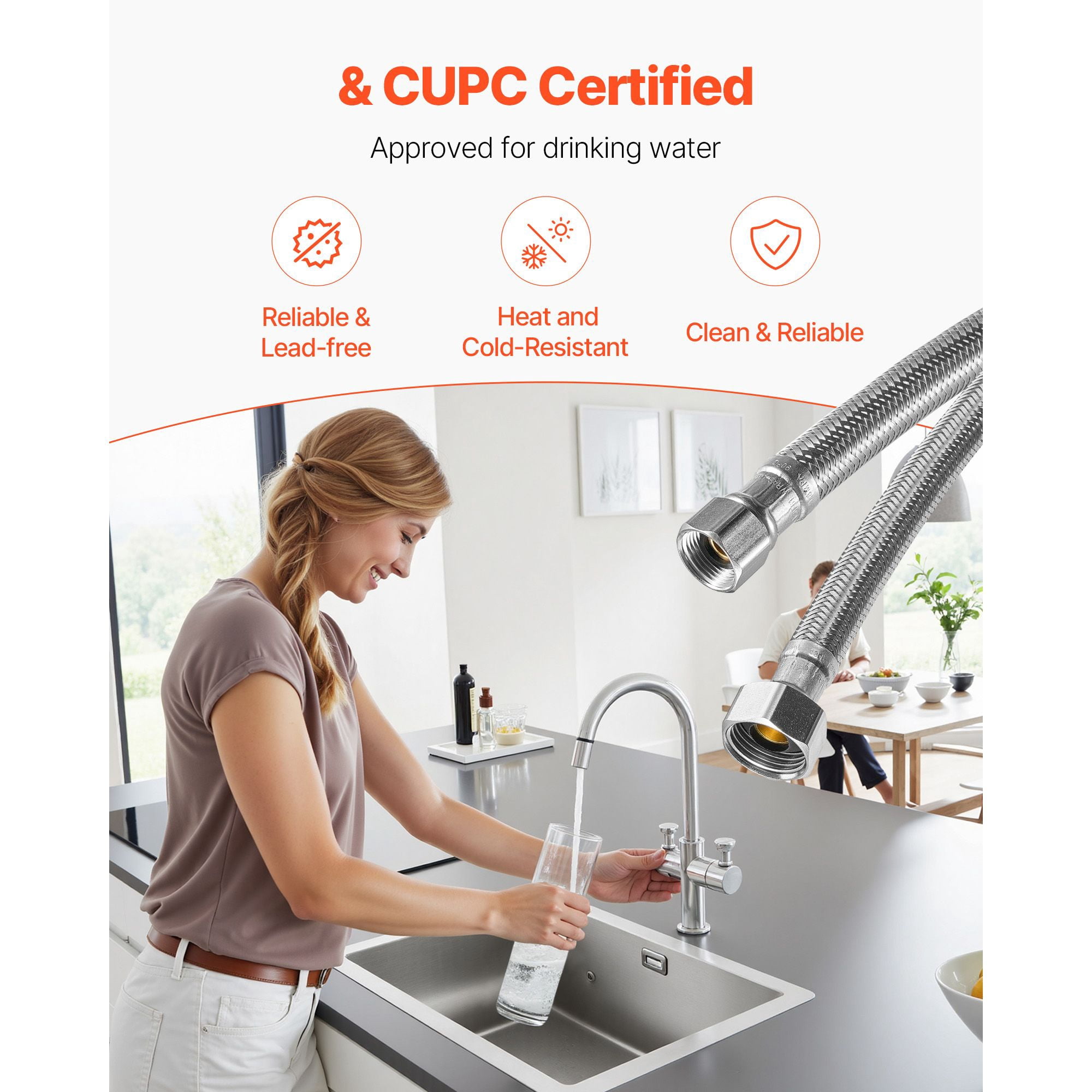 Faucet Supply Line 10-Pack, 16 Inch Braided Stainless Steel with 3/8" Comp x 1/2" FIP, TPV Inner Tube Lead-Free, CUPC Certified, Tool-Free Installation for Kitchen Bathroom