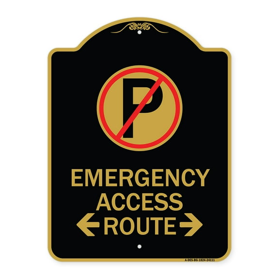 SignMission A-DES-BG-1824-24111 18 x 24 in. Designer Series Sign - Emergency Access Route with Bidirectional Arrow, Black & Gold