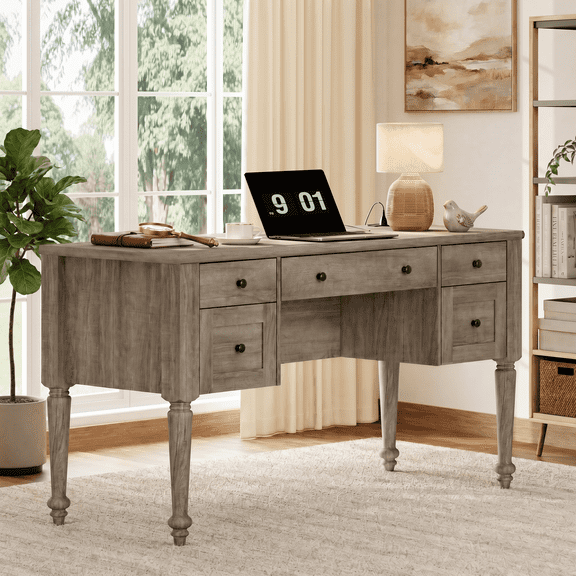 Farmhouse Executive Desk with Storage, Wood Writing Desk with Charging Station & Drawer for Home Office & Study, Gray