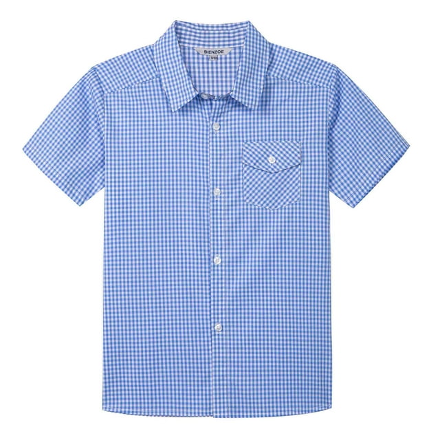 Bienzoe Boy's Cotton Plaid Button Down Short Sleeve Shirt Light Blue 9/10