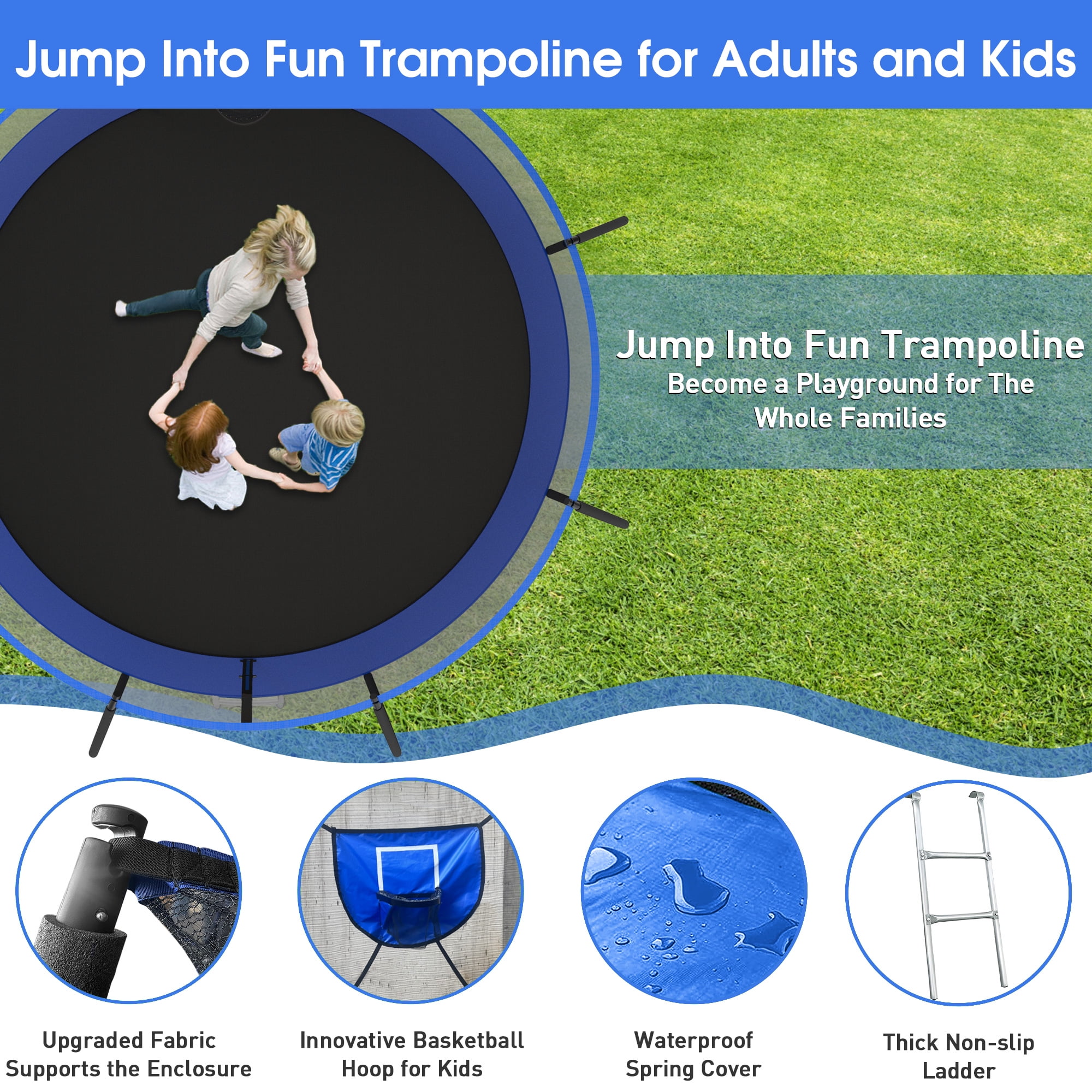 Jump Into Fun Trampoline 12FT 14FT, Trampoline with Enclosure, Basketball Hoop, 2 Balls, LED Light, Sprinkler and Socks, 1200LBS Trampoline for 1-2 Adults/ 4-5 Kids, Outdoor No Gap Design Trampoline