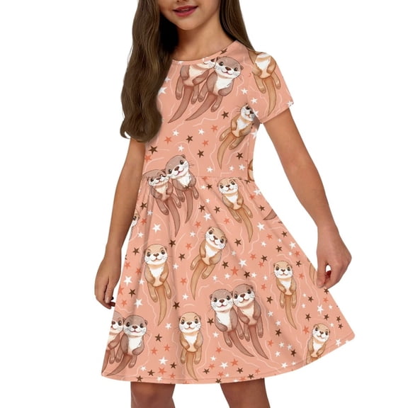 Uourmeti Otter Summer Short Sleeve Dresses Girls Cute O Neck Knee A-line Dress with Pockets Casual Swing Dresses for Beach School