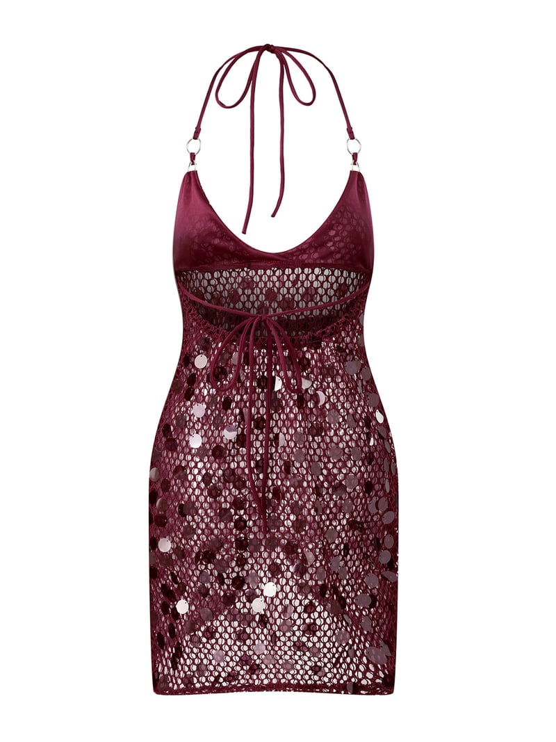 hollow out bodycon dress LMLYSoH Women's Halter Neck Knit Sequin Sleeveless Mini Dress Clubbing Dress Color:IVORY GOLD to for all occasions Moon River Shirley MacLaine in What
