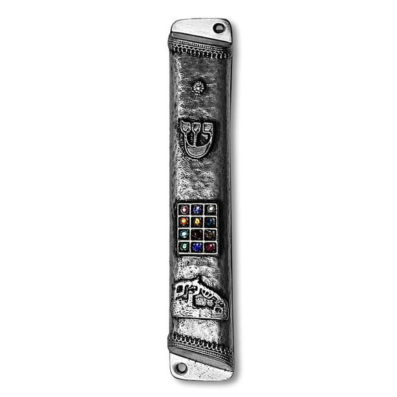 Metal Gray Silver-Tone 12 Tribes Multicolor CZ Mezuzah Case, 6"
