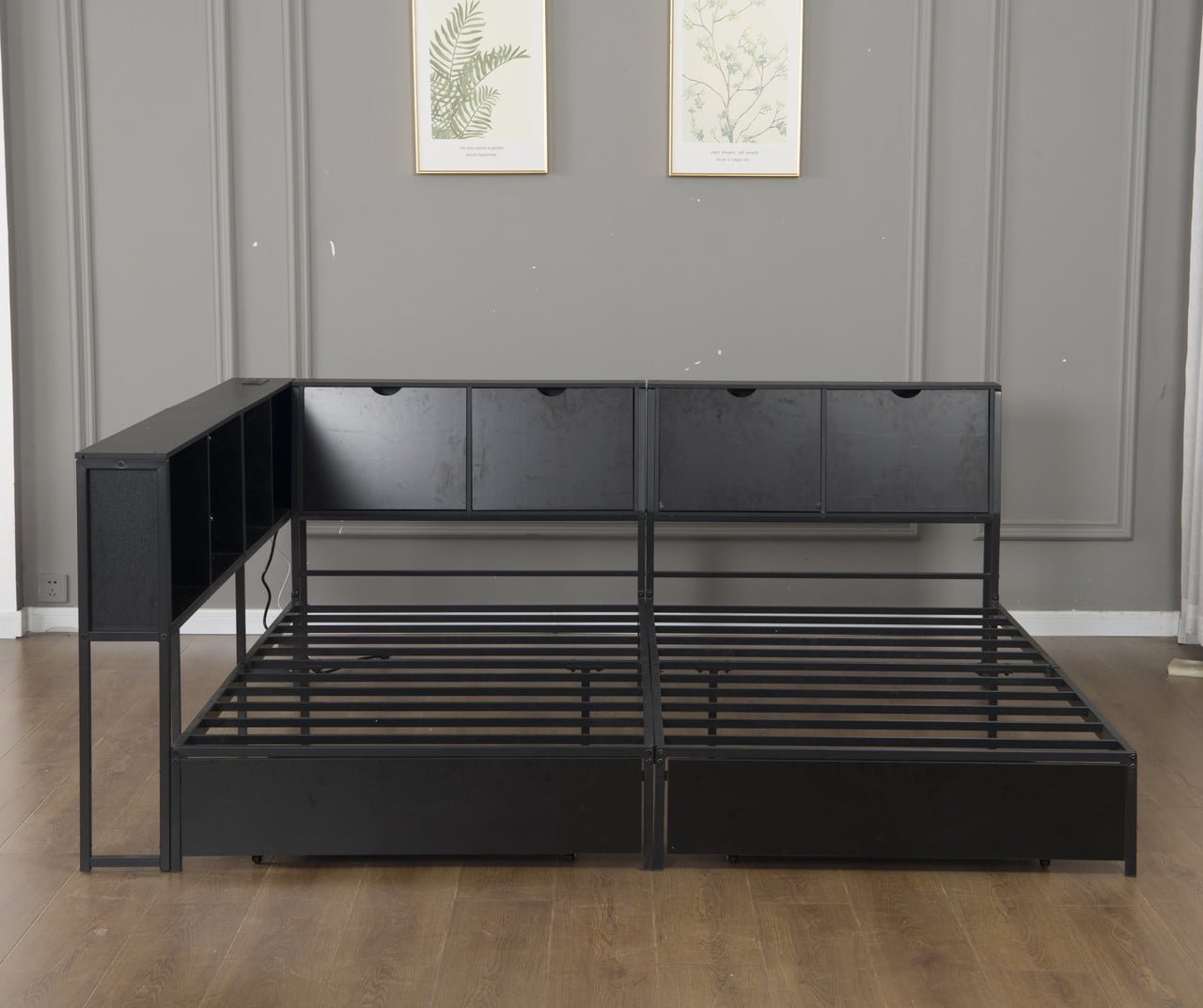 2 x Twin Size Metal Platform Bed Frame with Storage Headboard, Detachable Daybed with LED Lights, Drawers and Side Shelves