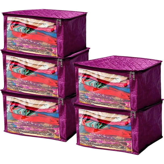 atorakushon Satin Fabric Foldable Garments Saree Blouse Cover Bag Pouch Closet Wardrobe Organizer With Clear Window Zipper Lock Pack of 5 (Purple)