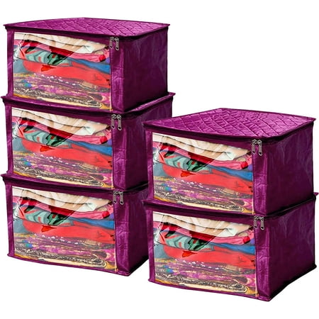 

atorakushon Satin Fabric Foldable Garments Saree Blouse Cover Bag Pouch Closet Wardrobe Organizer With Clear Window Zipper Lock Pack of 5 (Purple)