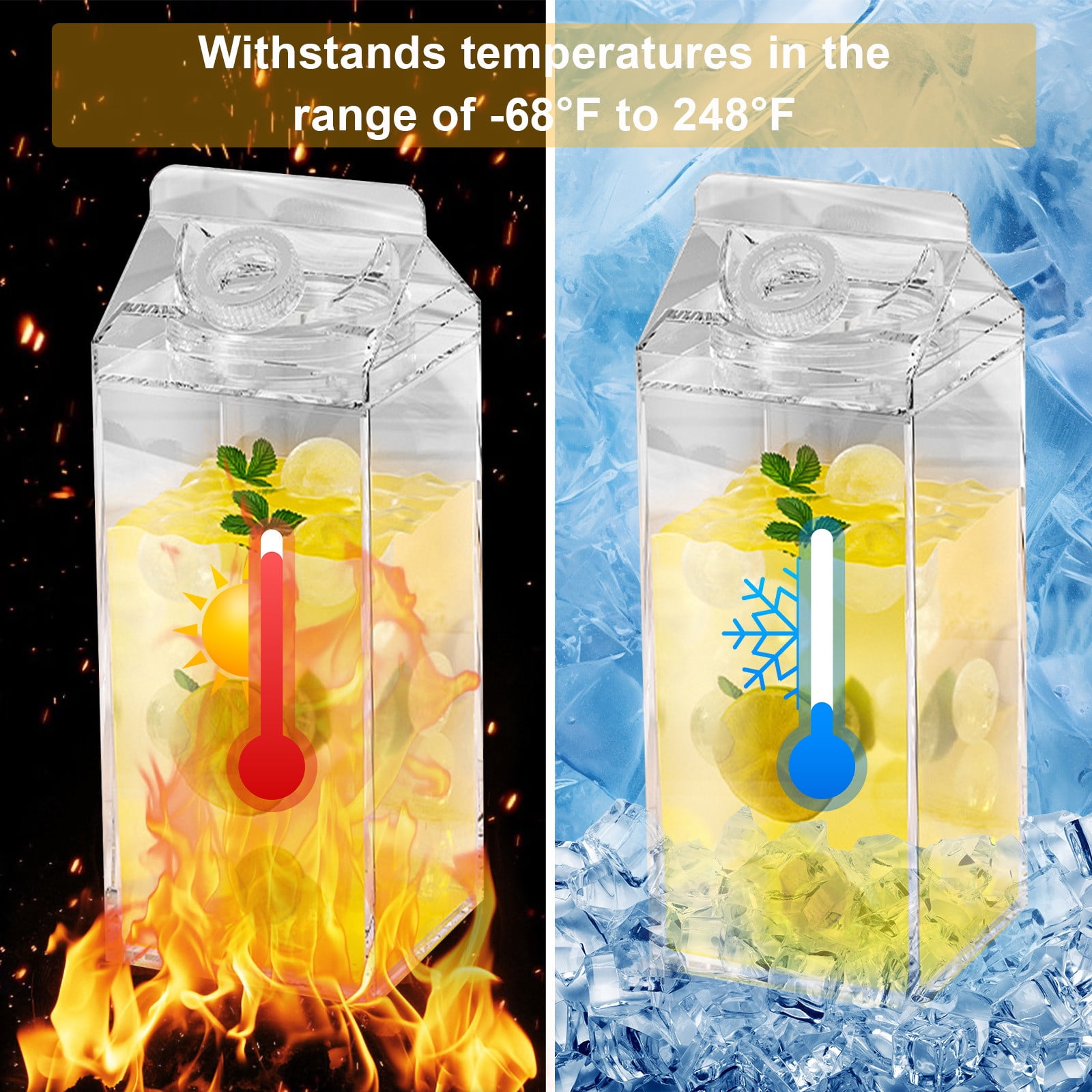 1.9L Large Milk Carton Water Bottle, Clear Plastic Milk Bottle, Portable Leakproof Square Juice Bottle Reusable Milk Container for Outdoor Sports Travel Camping