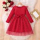 thumbnail image 5 of Vestido de princesa de manga larga con volantes y nudo para niña, de primavera y verano, de malla elástica brillante, con cuello redondo y manga corta, de poliéster., 5 of 6
