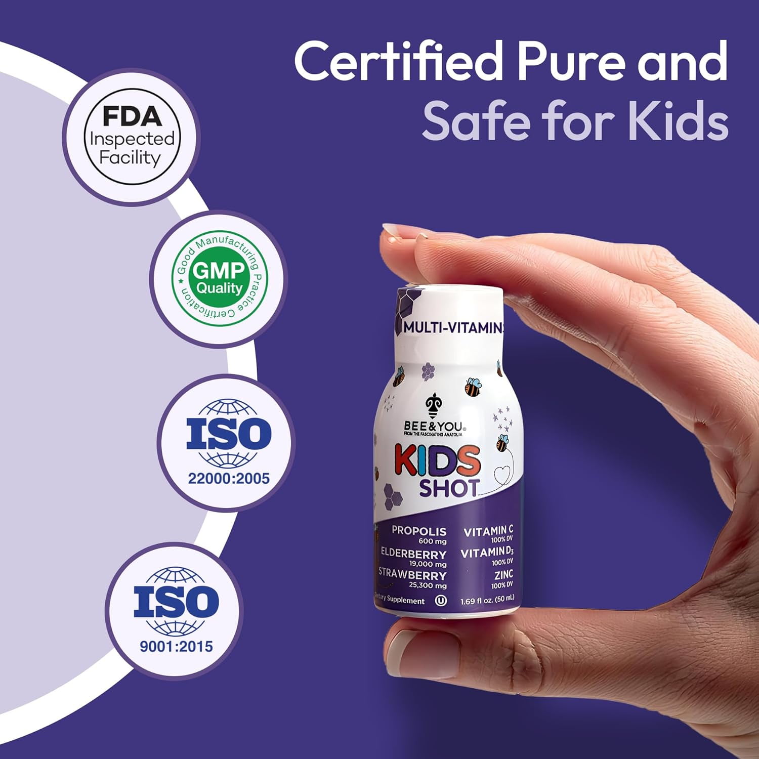 BEE&YOU Kids Propolis Shot with Vitamin C, Vitamin D3 & Zinc, Strawberry Flavor, No Added Sugar, Non-GMO Kids Daily Supplement, Ages 4+