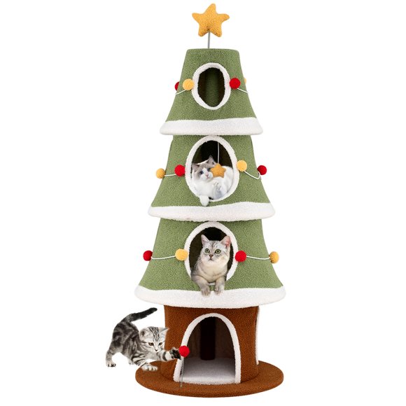 Costway 61"Large Christmas Cat Tree with 4 Condos, Sisal Carpet, Dangling Ball, Spring Toy