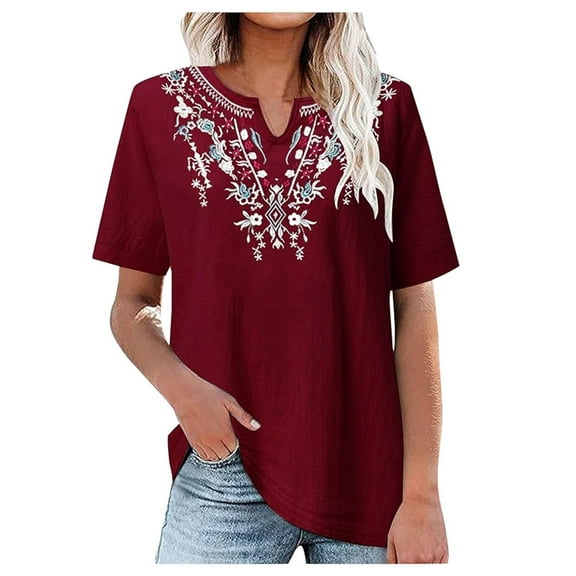 OJSFQUFP Woman Tops Women's New Cotton and Linen Embroidered Shirt V Neck Solid Color Womens Artistic Loose Fitting Short Sleeved T Shirt M