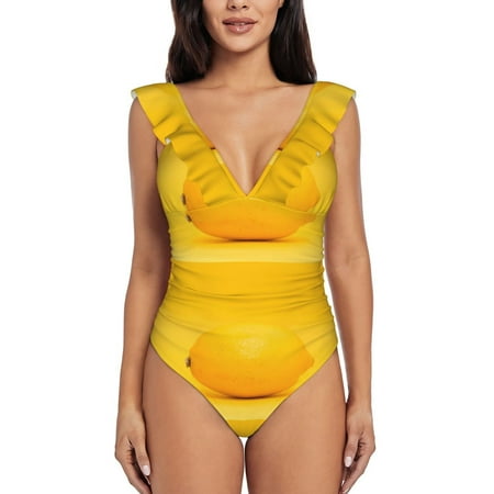 Easygdp Yellow Lemon Ruffle V Neck One Piece Swimsuit for Women Cute and Sexy with Removable Breast Pad - XX-Large