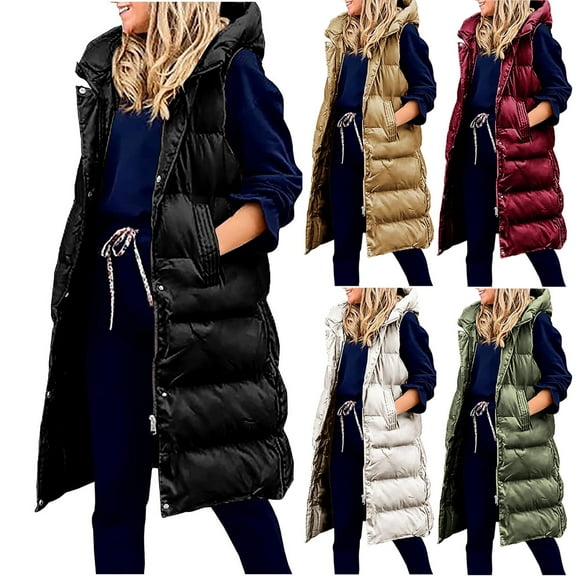 YOIAVAIOY Women's Long Quilted Puffer Vest Zip Up Sleeveless Trench Coat Winter Warm Hooded Waistcoat Trendy Casual Outerwear Coat with Pockets Army Green M