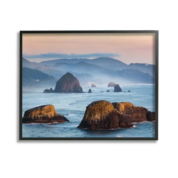 Stupell Industries Ocean Cliffs with Mountains Landscape Photography Black Framed Art Print Wall Art, 14 x 11