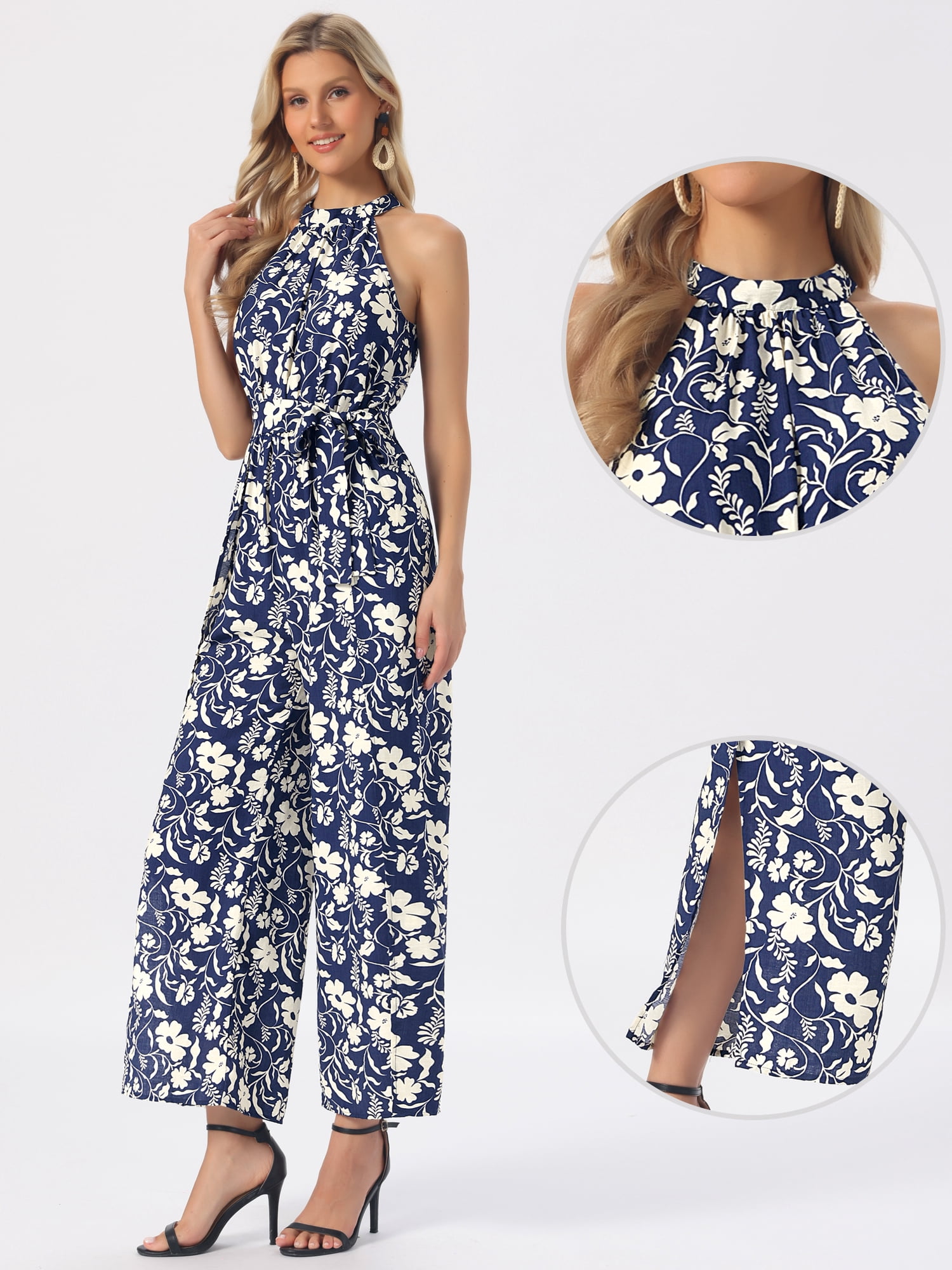 DARING DIVA Women's Casual Halter Sleeveless Boho Wide Leg Jumpsuit M Dark Blue