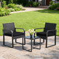 thumbnail image 3 of Aiho 3-Piece Wicker Patio Bistro Set, All Weather Outdoor Chairs Set with Glass Top Table & Soft Cushions, Outdoor Furniture for Garden, Backyard, Balcony, Deck - Black, 3 of 9