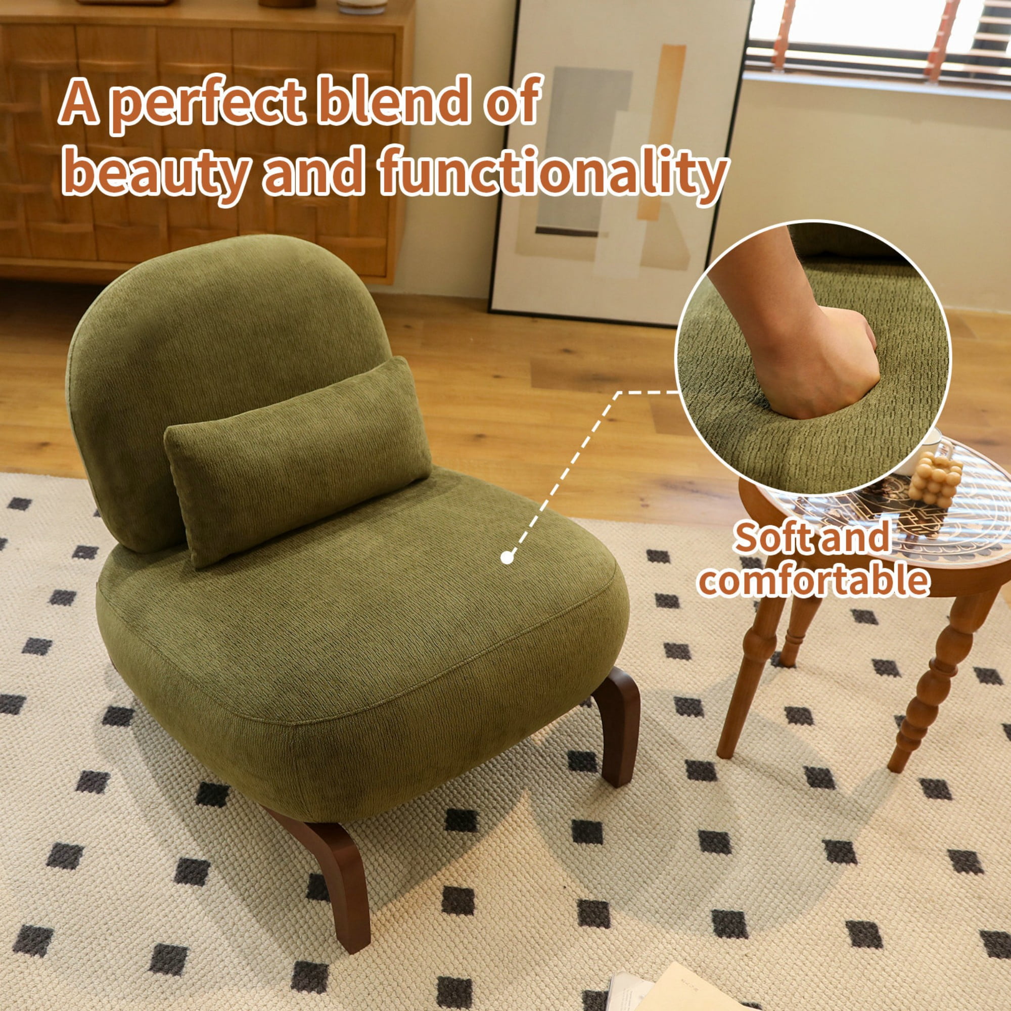 BSHTI 28.4" Velvet Upholstered Accent Chair with Pillow, Comfy Armless Design, Wood Legs for Living Room(Green)