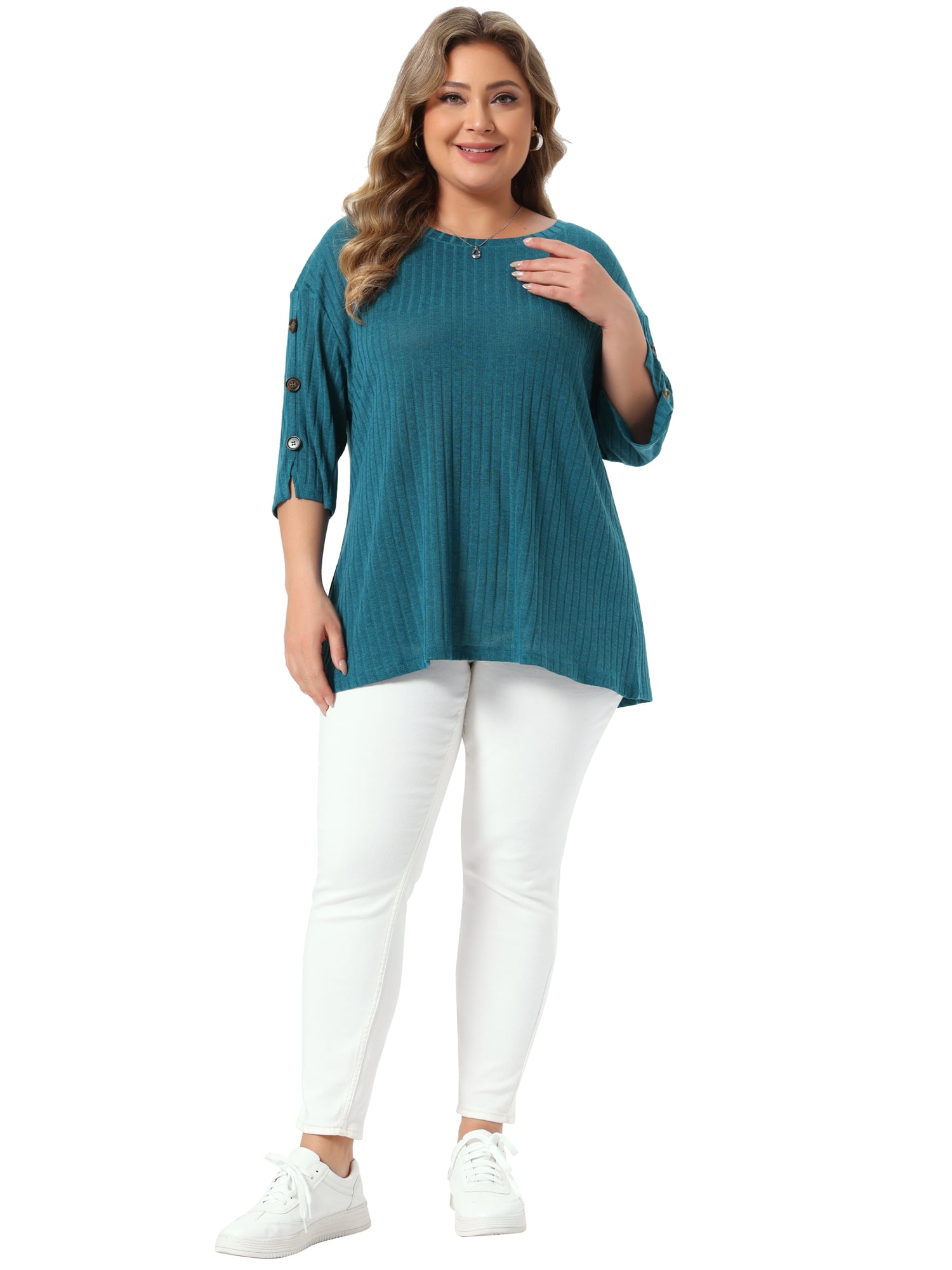 DARING DIVA Women's Plus Crew Neck Slit 3/4 Sleeve Button Tops 3X Lake Blue
