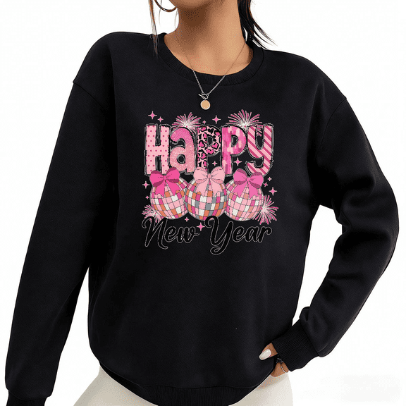 Black Print Sweatshirt Graphic Sweatshirt Happy New Year Party Celebration Size S-3XL Tops
