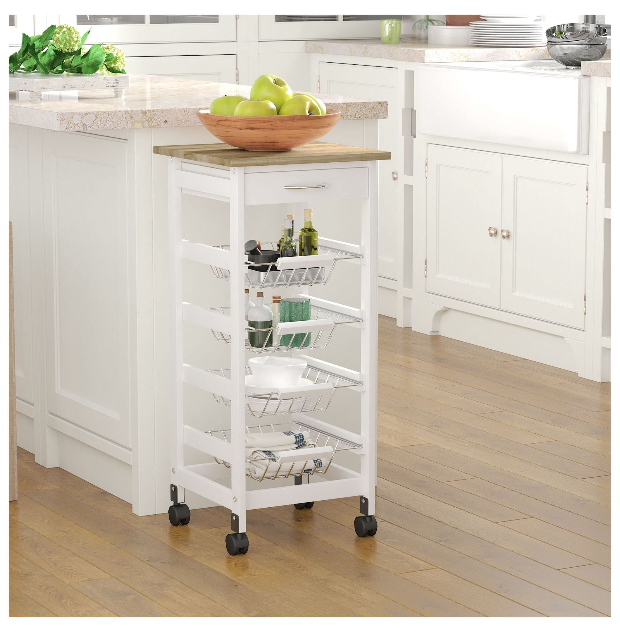 Kitchen Cart with Wheels, 32.25" Rolling Island, White Wood Storage Cart with Drawers & Baskets, Microwave Cart for Kitchen, Living Room, Bathroom