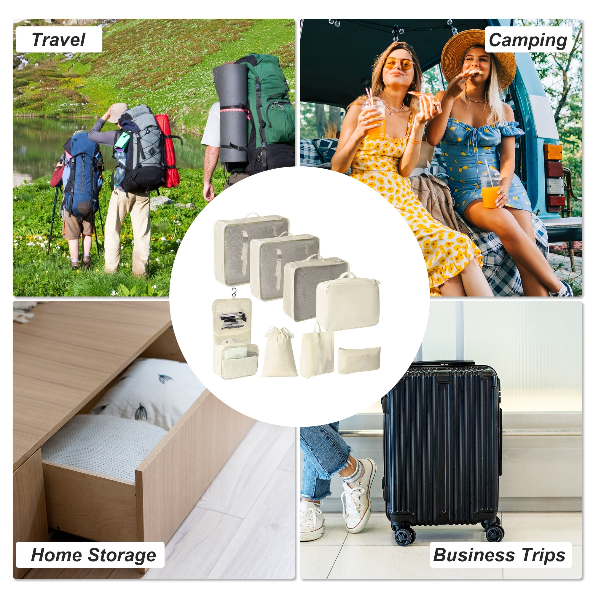 Unique Bargains 8 Pcs Portable Packing Cube Set for Luggage Beige