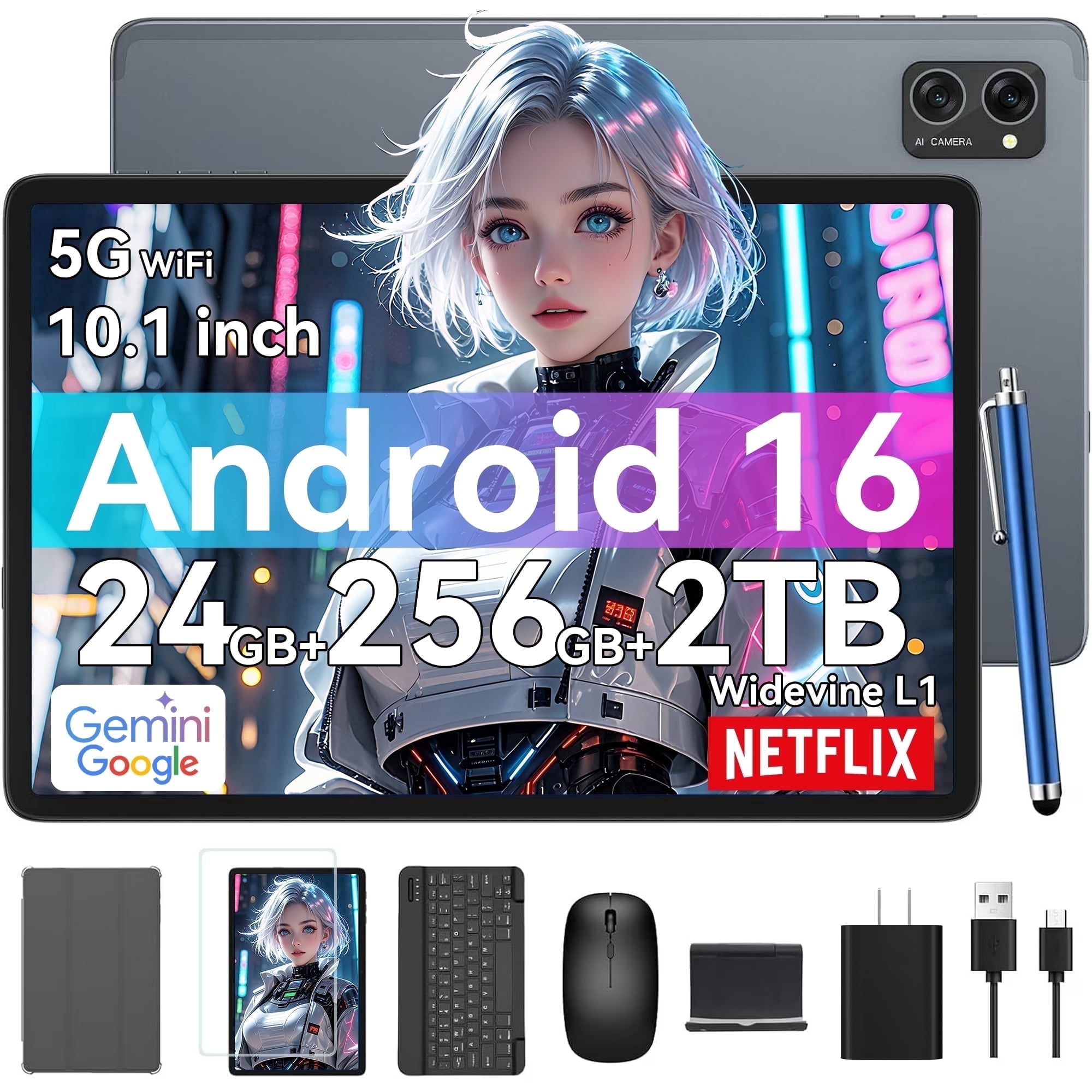 Tablet 2026 Latest Android 16 Tablets with 10.1 Inch Incell Display, 24GB RAM 256GB ROM /2TB TF, Gemini AI, T606 Octa-Core+8MP Camera, 5000mAh, Widevine L1, 2 in 1 Tablets with Keyboard Mouse Stylus