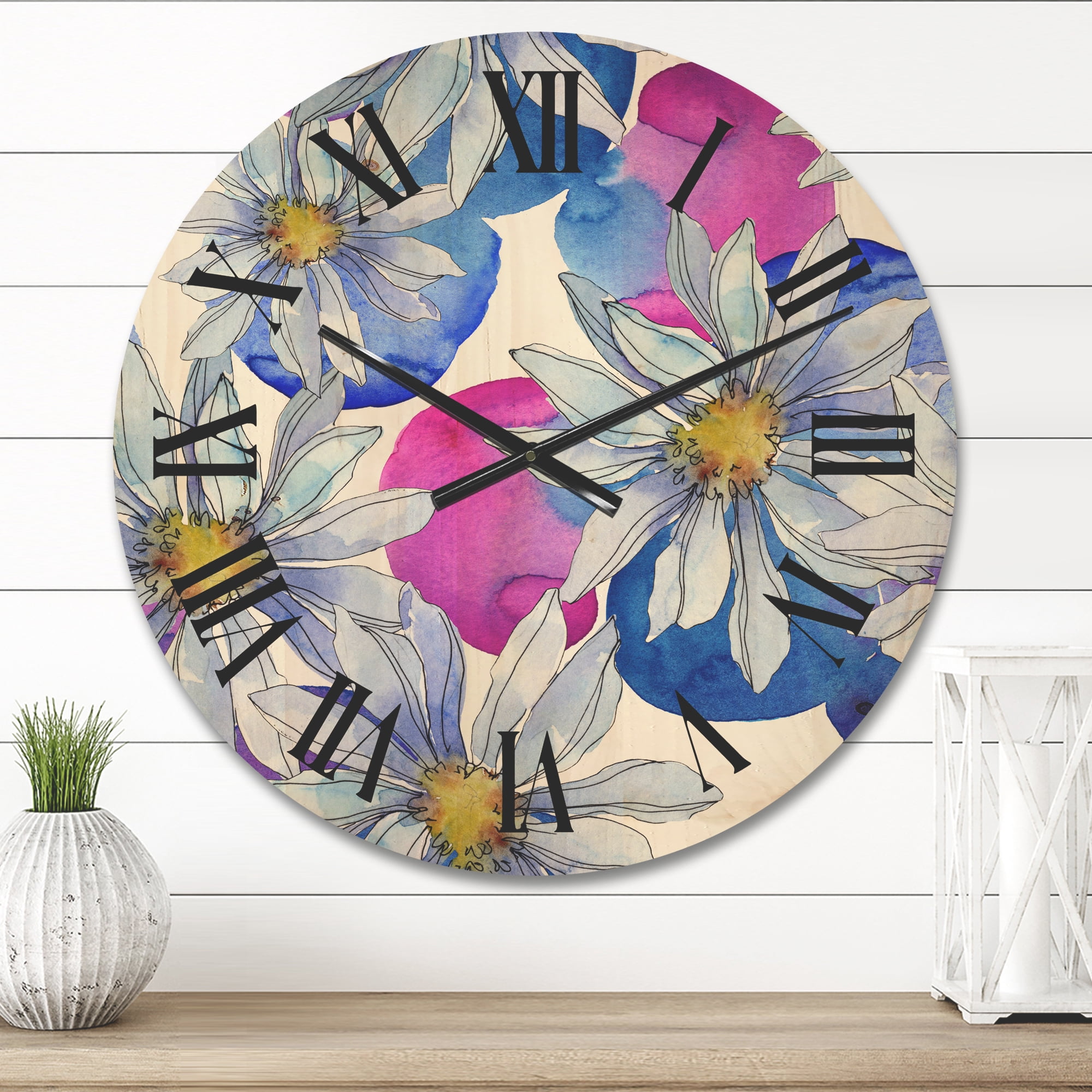 Designart 'Daisies On Red and Blue Backgorund' Traditional Wood Wall Clock