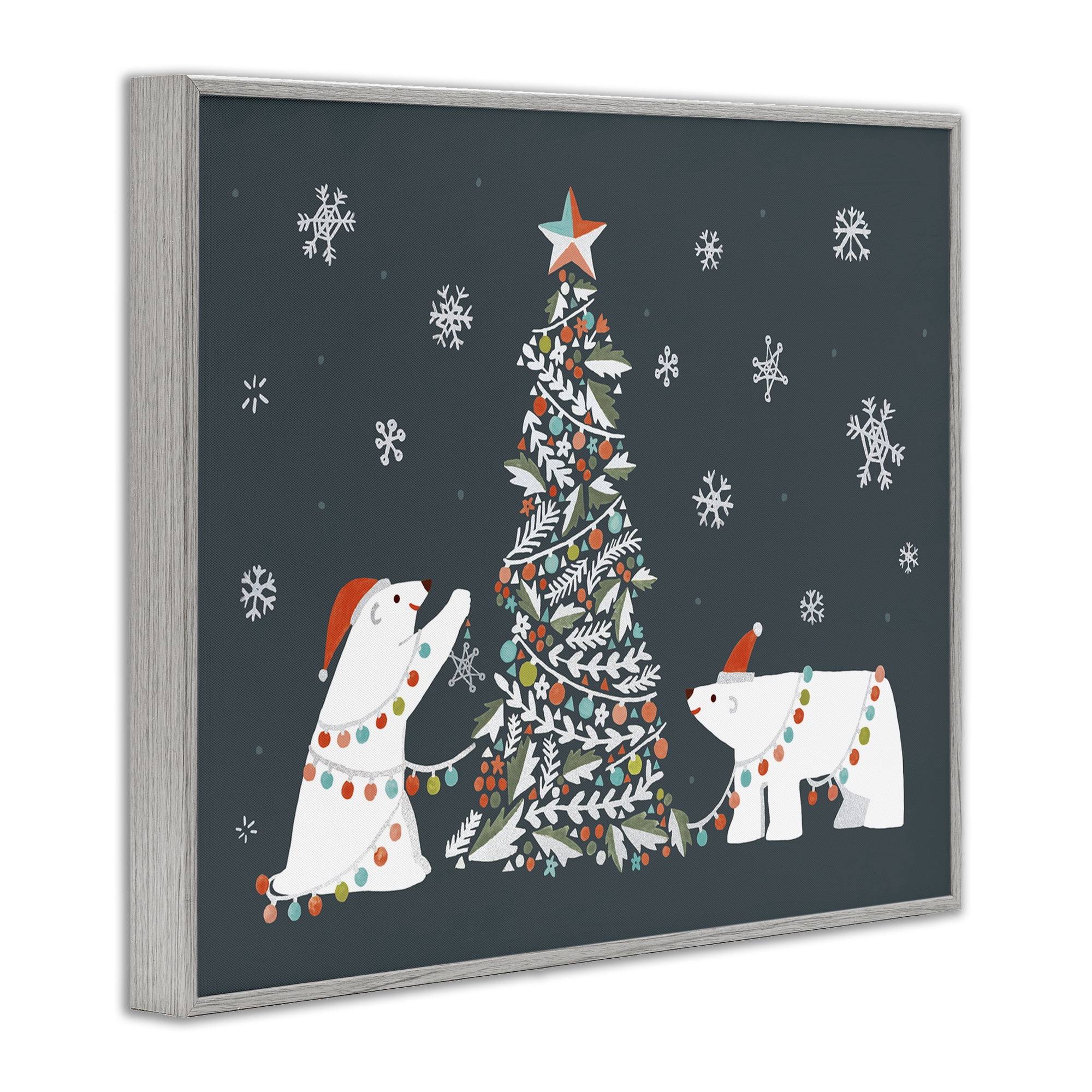 Stupell Industries Polar Bears with Christmas Tree Holiday Painting Gray Framed Art Prints Wall Art, 20 x 16