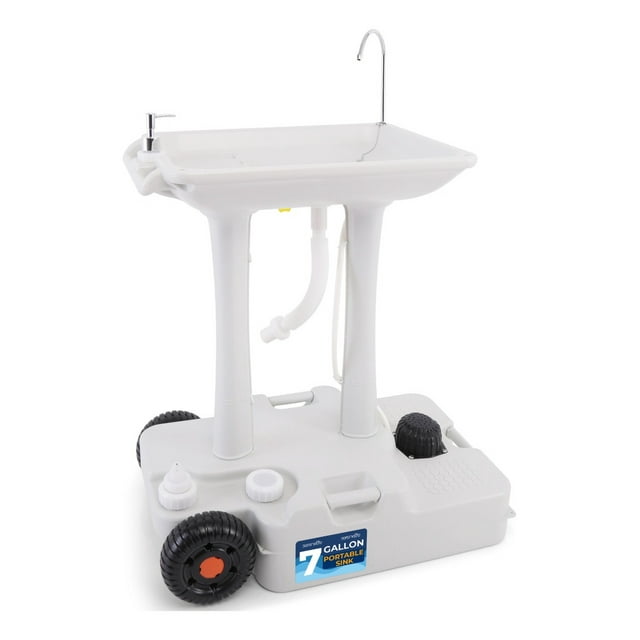 Lavabo Portátil Fregadero con Tanque de Agua Incorporado de 30L SereneLife , Ruedas Grandes, Bomba de Pie, Basin Extra Grande y Dispensa Jabón de 5L, Ideal para Exteriores y Obras de Construcción