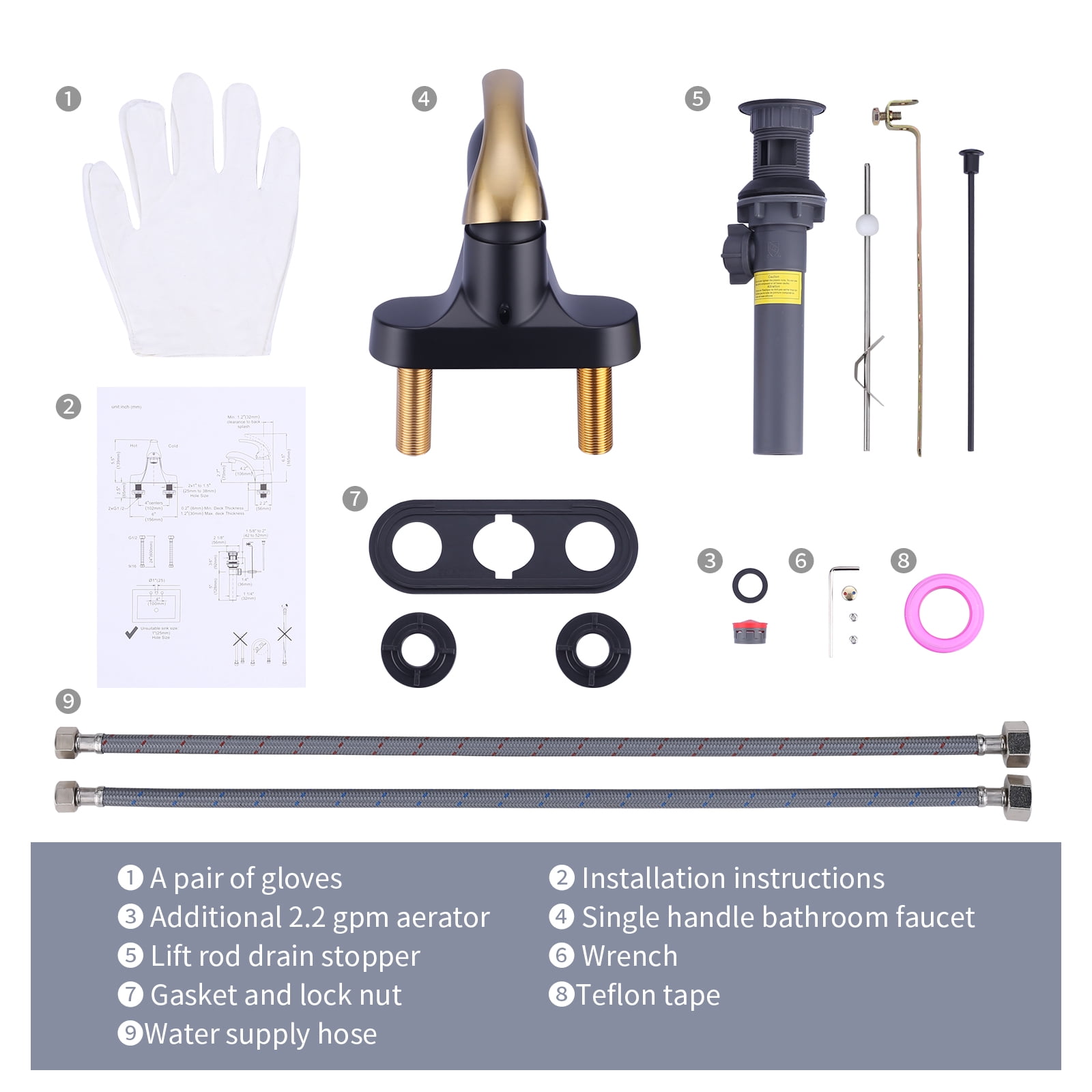 Wowow 4 in. Centerset Single Handle Low Arc Bathroom Faucet with Lift Rod Drain Assembly Included in Gold and Black, Rv Lavatory Taps 3 Hole
