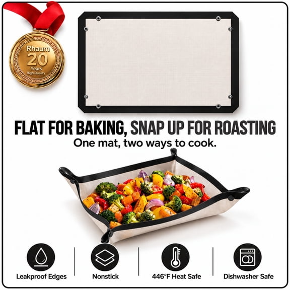 Silicone Baking Mat with Snap Lock Edges, Nonstick Reusable Roasting Tray, Dishwasher Safe